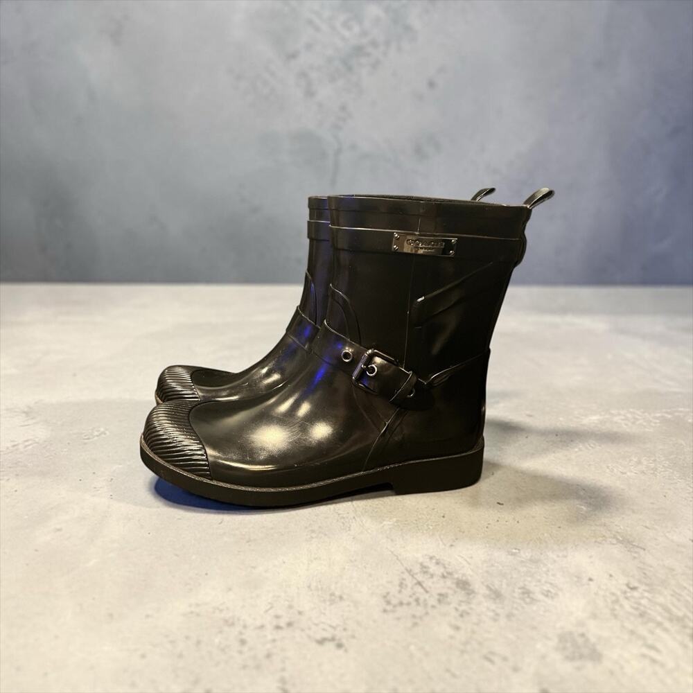 Coach Lester Shiny Black Rubber Rain Boots US 8B EU 38